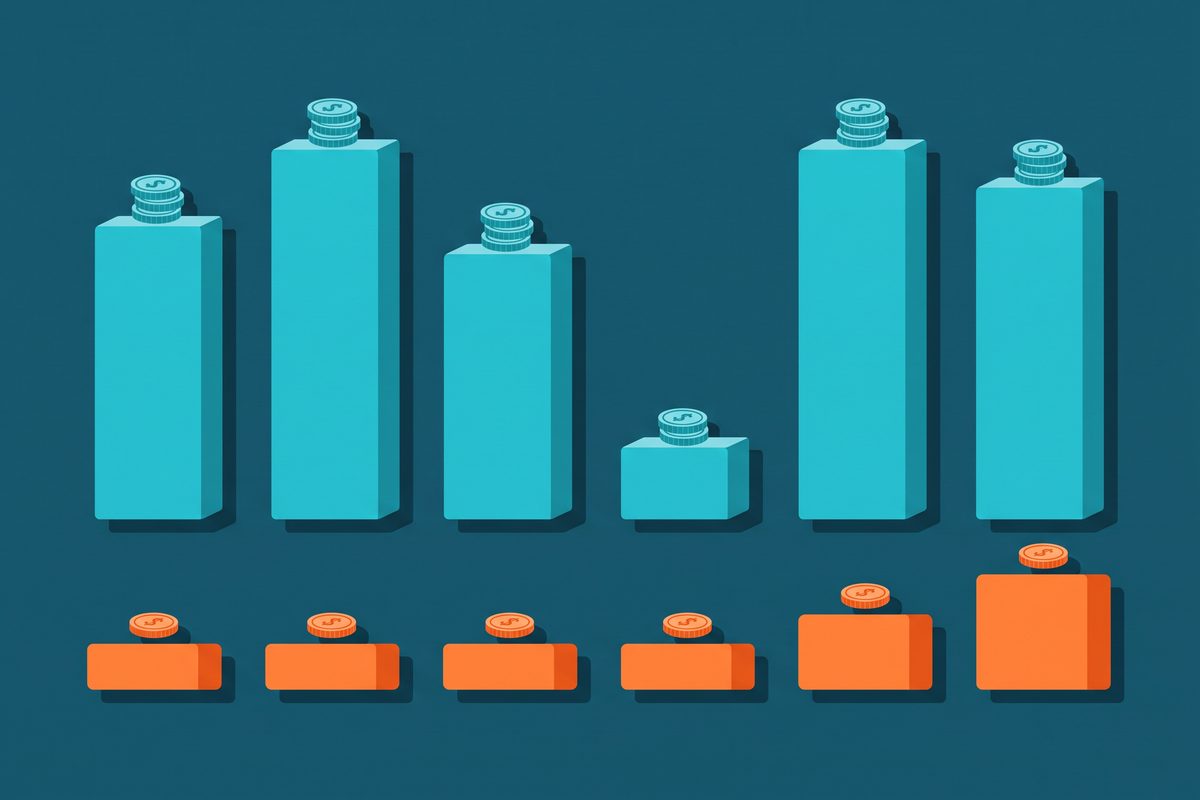 Flat bar diagram showing one reporting line dipping for a single year and another stepping up in the last year