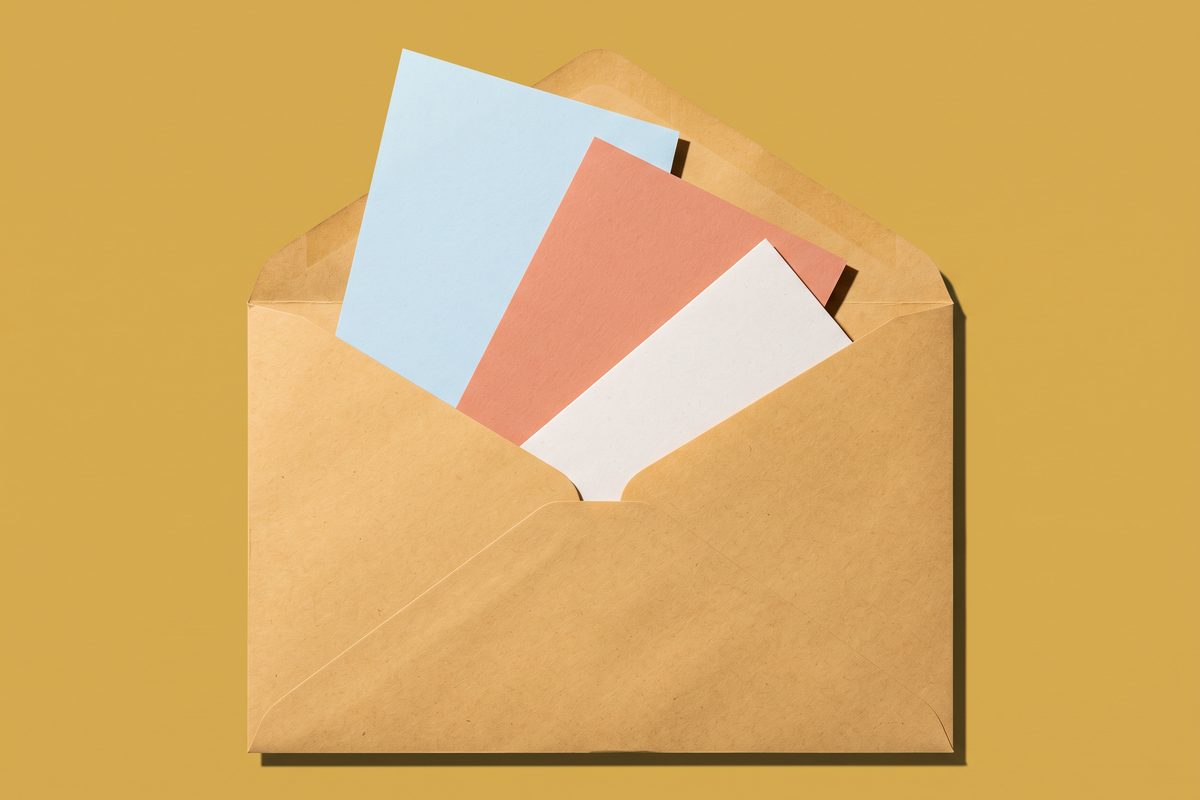Oversized open envelope on a mustard background with three different colored blank forms fanning out