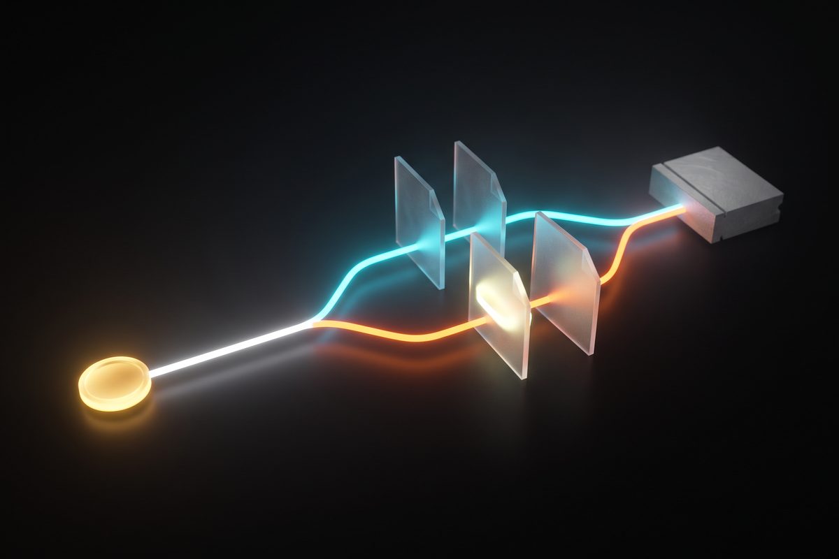 Abstract 3D paths where one payment splits through two document slabs and merges back into a single ledger block