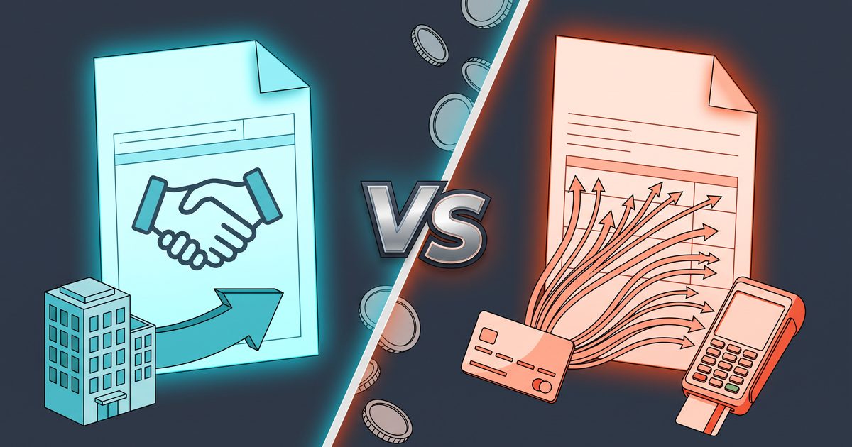 Two oversized tax forms split by a diagonal VS emblem, one fed by a single payer, one by many card payments