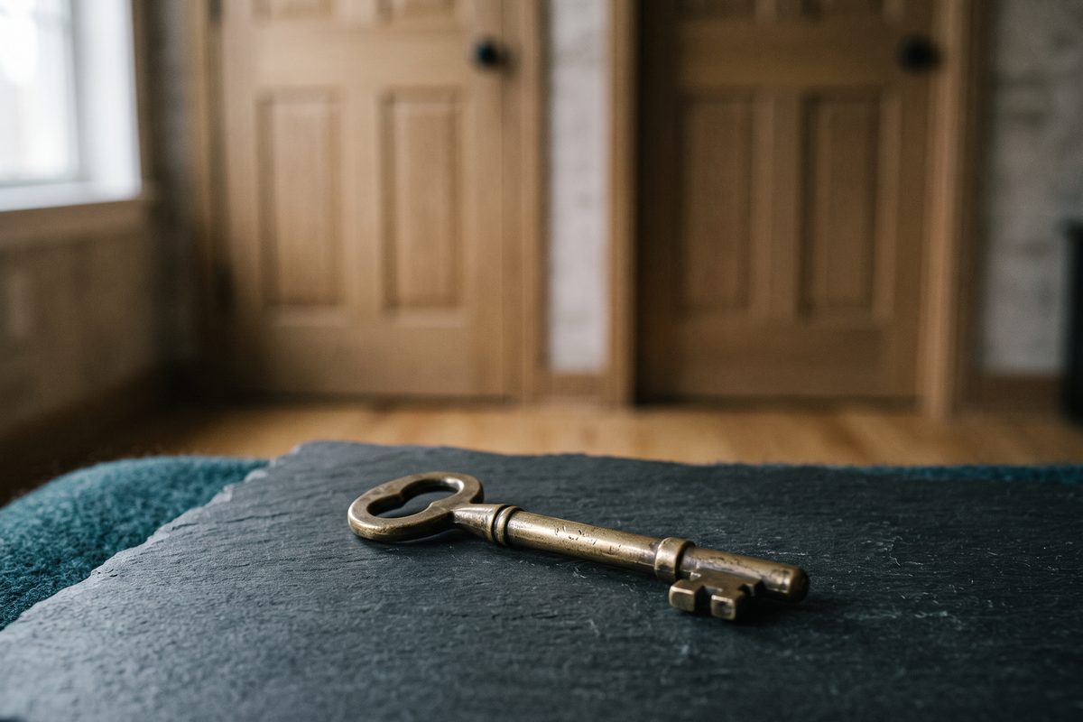 A single brass key on a slate surface with two closed doors out of focus behind it