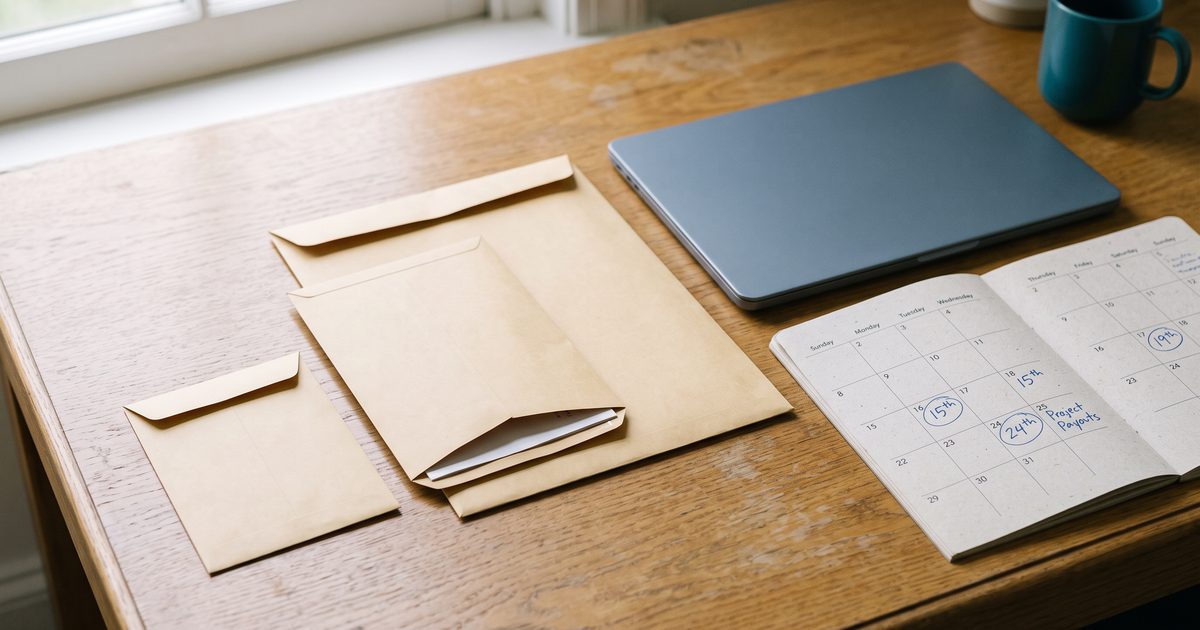 Three envelopes of different sizes beside a paper calendar on a desk, suggesting ad payouts arriving on different dates
