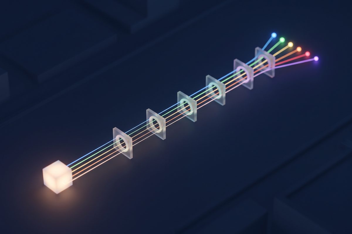 Abstract render of one glowing cube sending light paths through six gates in sequence.
