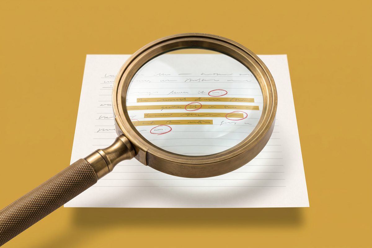 Oversized magnifying glass over a transcript page with a few lines highlighted and circled.
