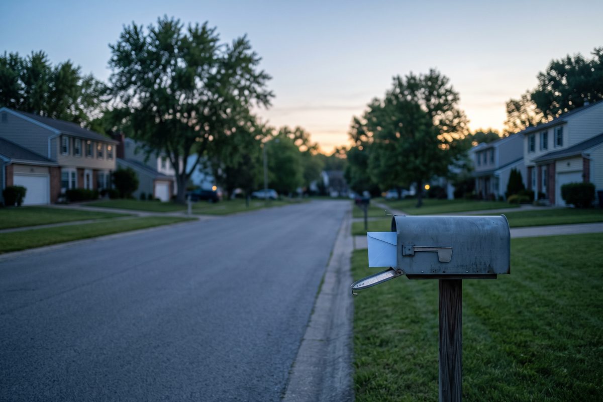 A single mailbox at dawn on a quiet street with one white envelope inside.