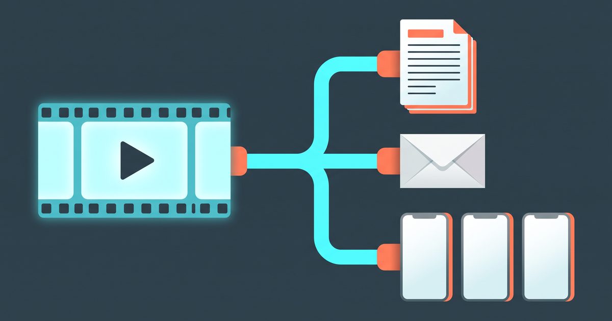 One video filmstrip feeding a pipe that splits into an article, an email envelope and three vertical phone clips