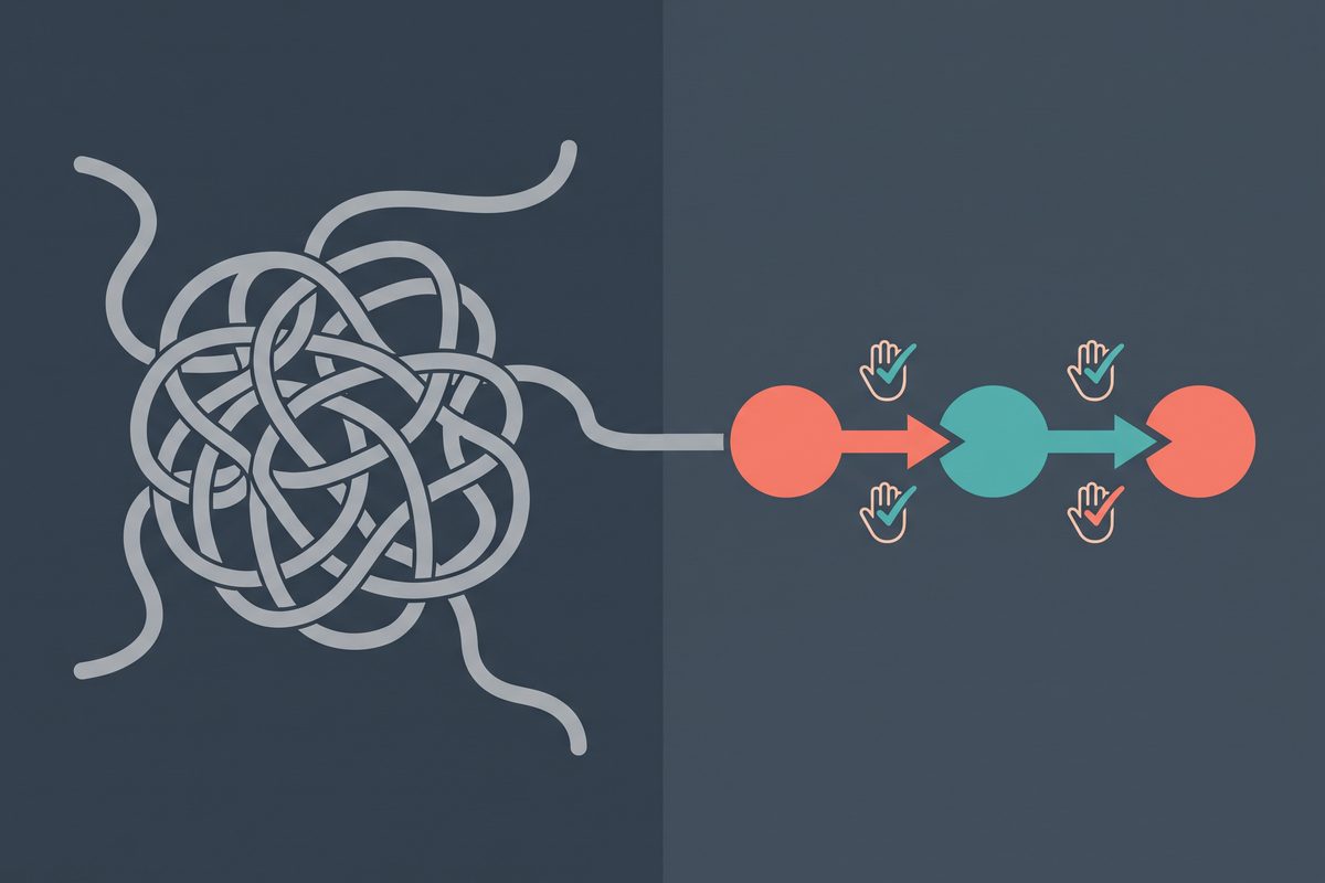 A tangled single knot on the left contrasted with a clean five-step chain with checkpoints on the right