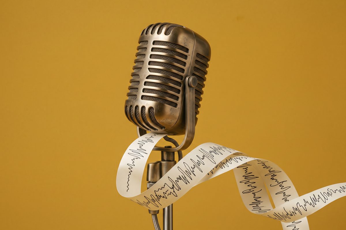 Oversized studio microphone on a mustard background with a paper ribbon of waveform lines spooling out