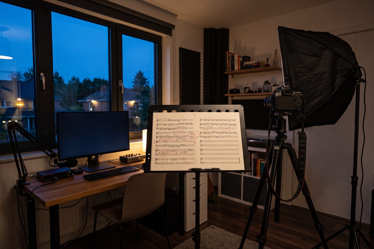Empty home studio at dusk with a camera on a tripod, a softbox, and a stand holding printed pages marked in red pen