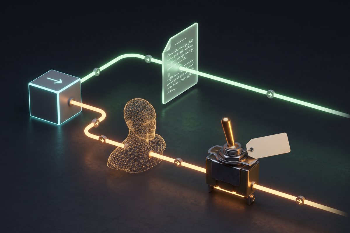 Two glowing paths, one through a script page running straight and one through a wireframe figure routed to a labelled toggle switch