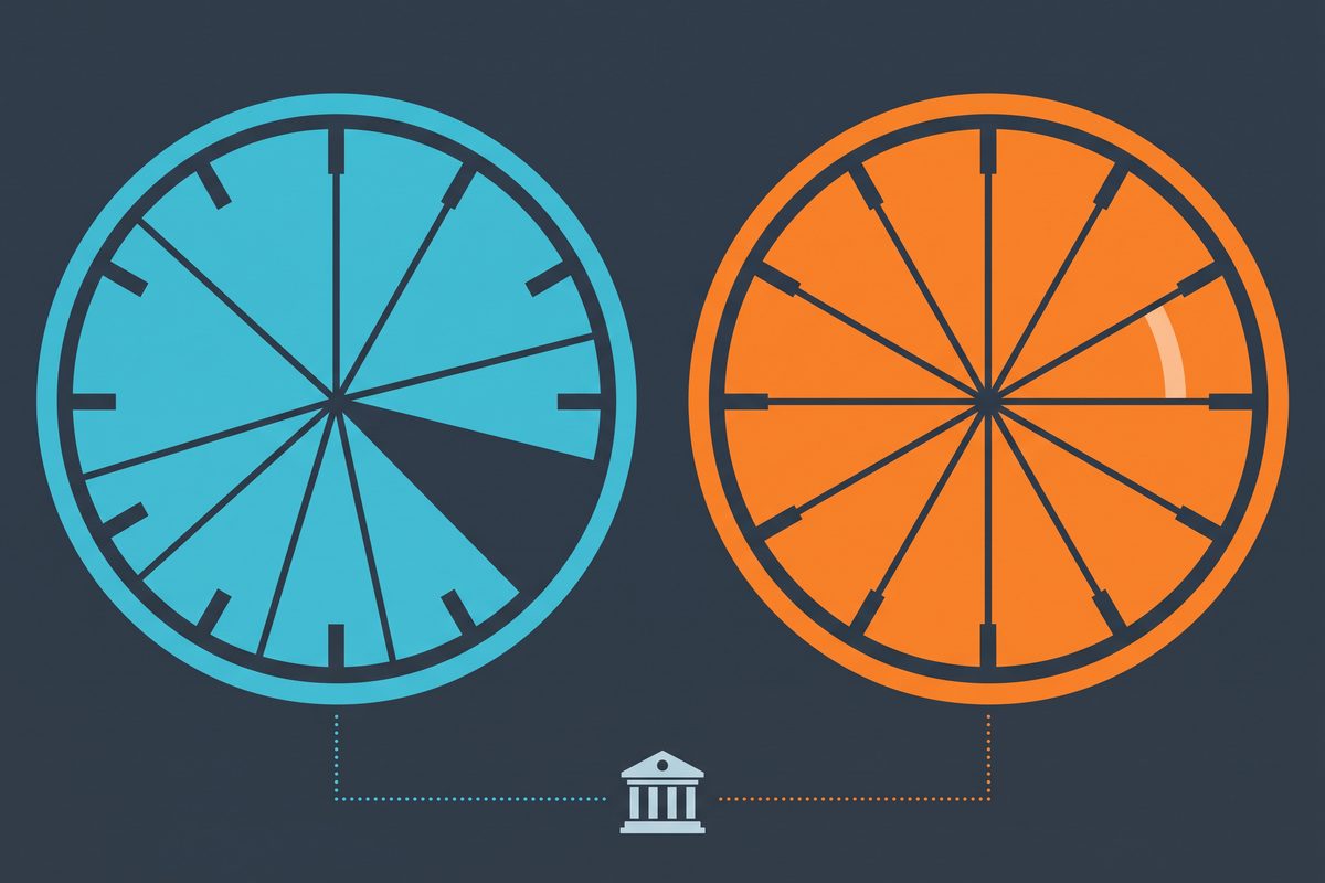 Two stylized clocks, one with uneven segments and one with even monthly segments, both feeding into a bank icon.