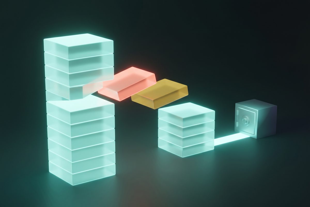 3D blocks showing a tall stack losing two slices before a shorter stack flows into a vault.