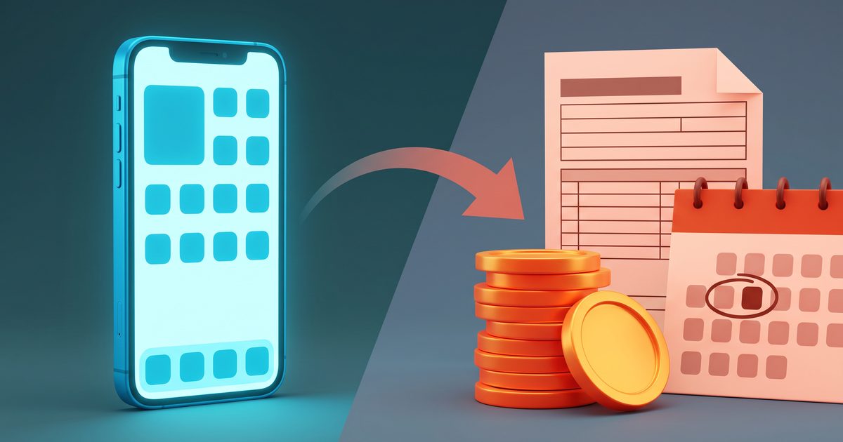 Smartphone with app icons linked by an arrow to a stack of coins, a blank tax form, and a calendar with a circled date