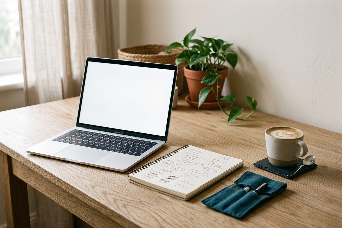 Minimal desk of a solo operator with a laptop, notepad, and coffee in soft morning light