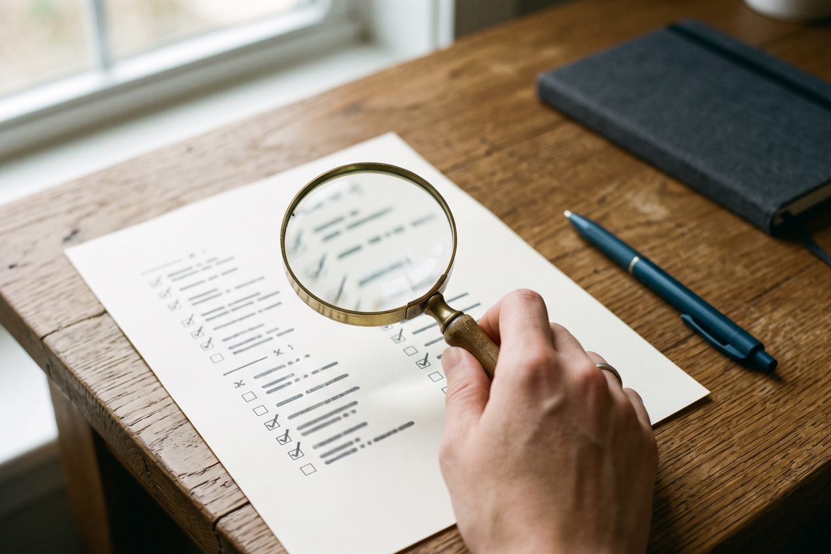 Hand holding a magnifying glass over a printed checklist on a wooden desk