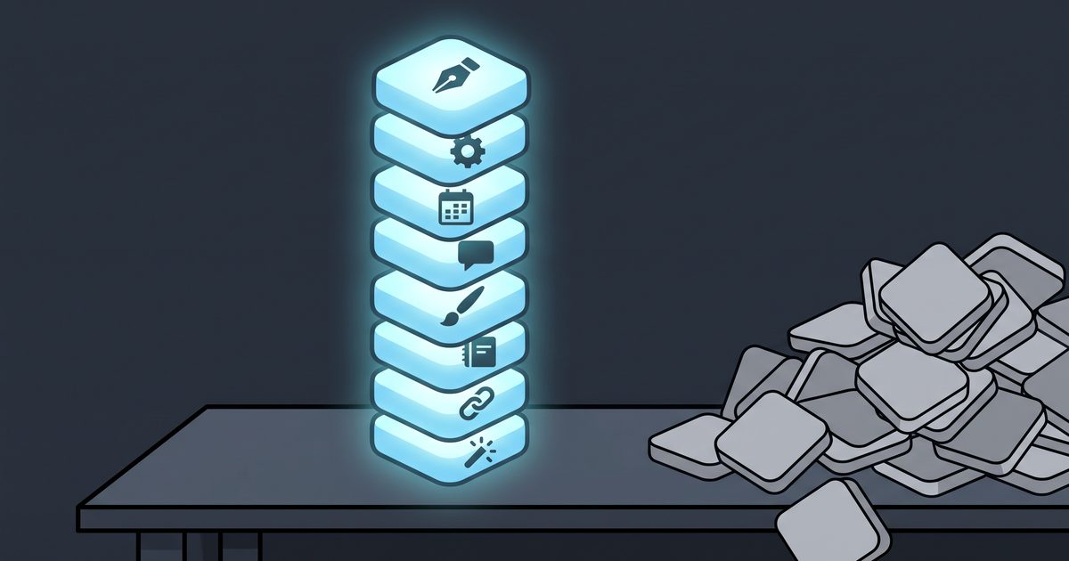 A small glowing stack of eight app tiles beside a large rejected pile of gray tiles, showing a lean AI tool stack