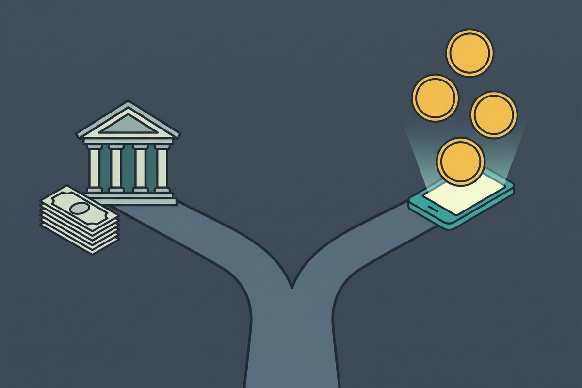 Diagram of a road forking toward a branch bank with paper cash and toward a phone with digital coins