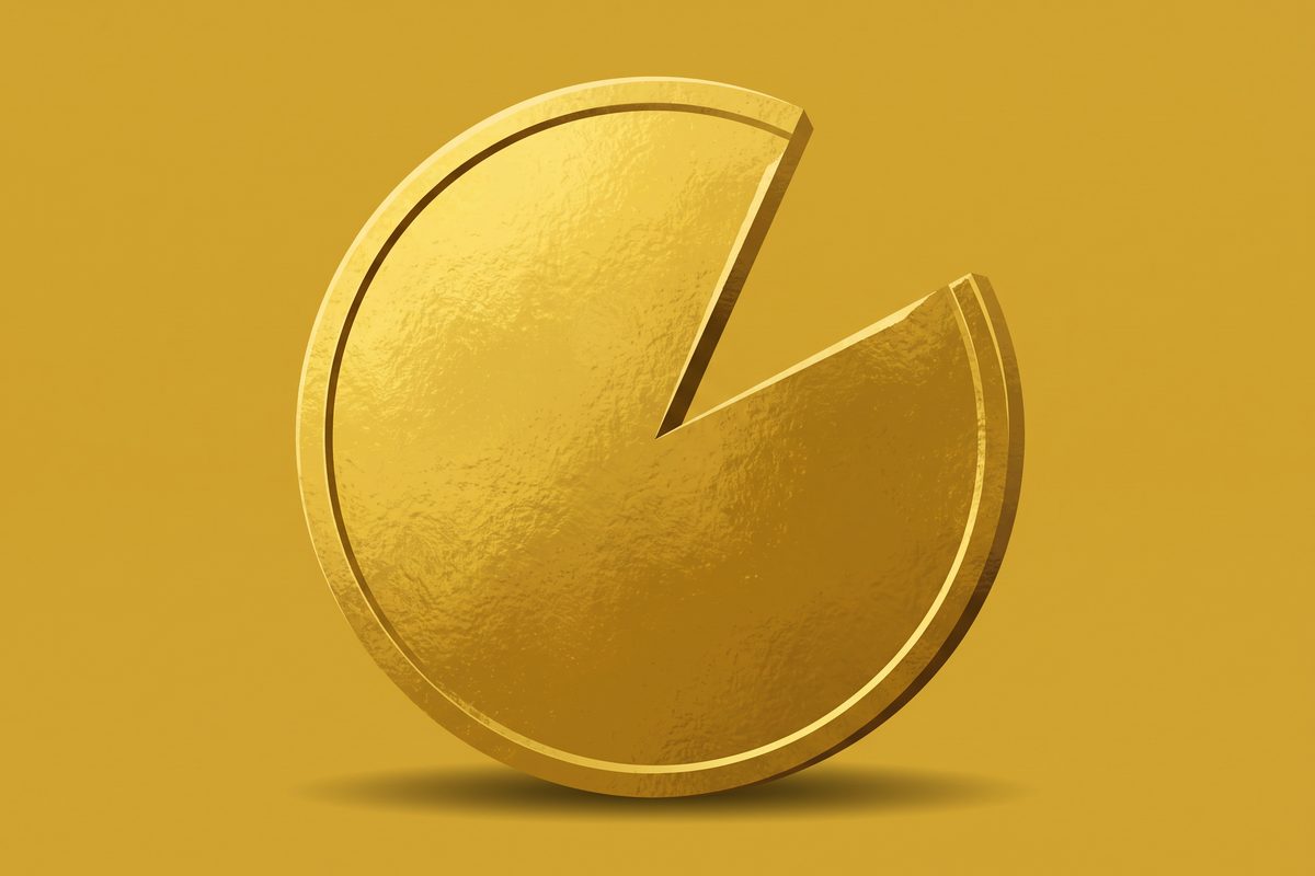 A large gold coin with a wedge cut out of it on a mustard background, representing a monthly bank fee