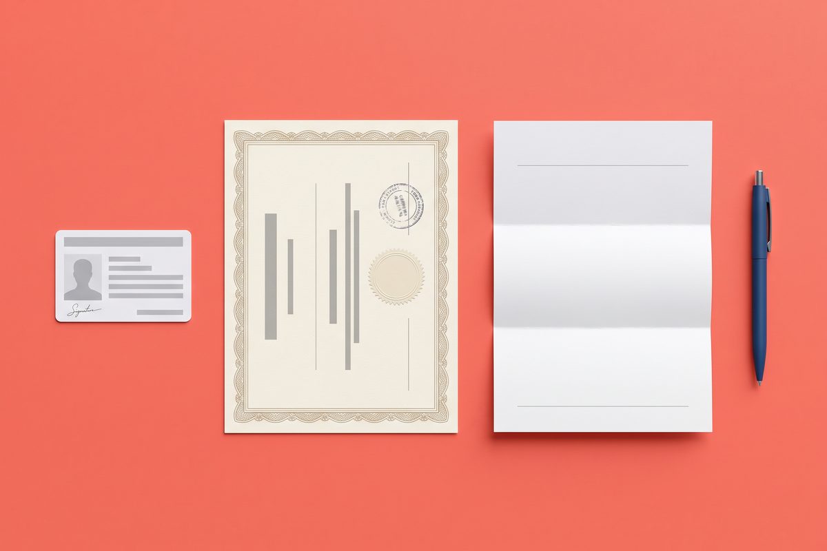 Flat-lay of a blank ID card, a stamped certificate and a letter on a coral background