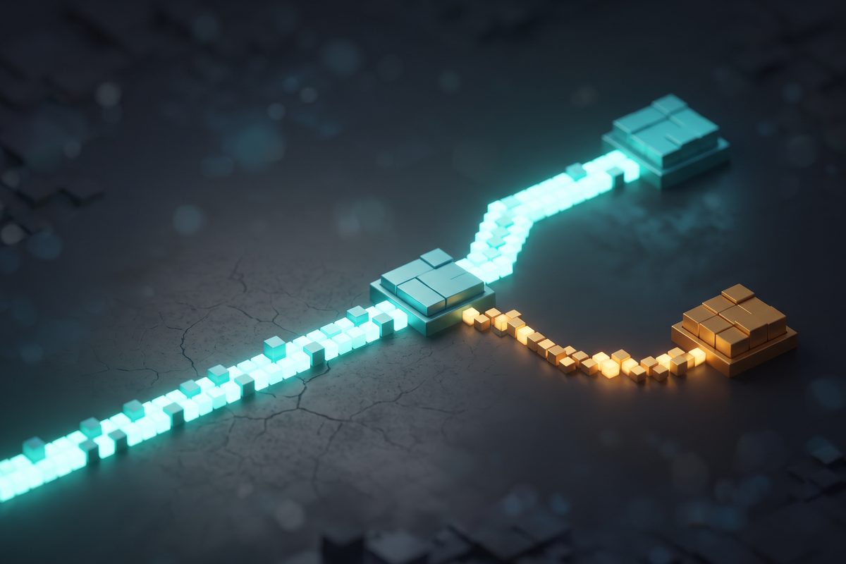 Abstract 3D paths splitting one glowing stream into two separate channels