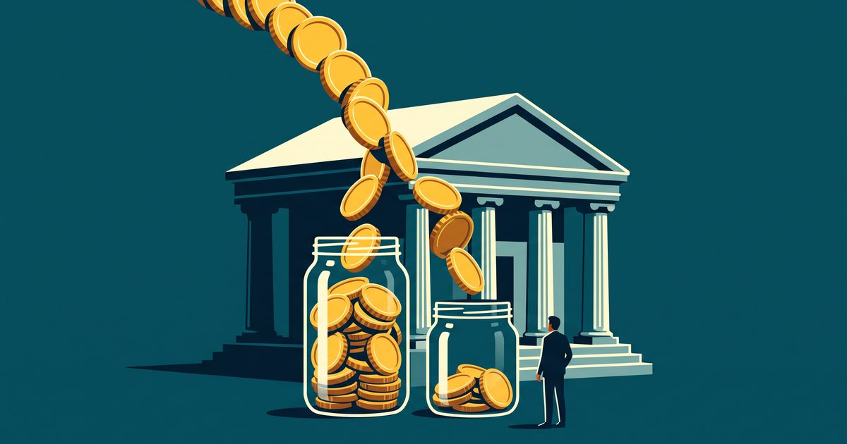 Oversized gold coins splitting into two separate glass jars in front of a small bank building on a deep-teal background