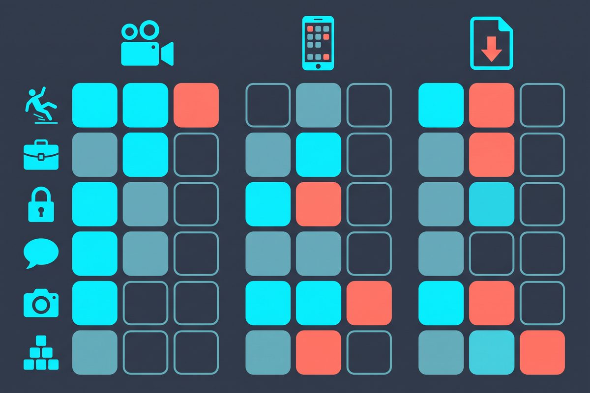An icon grid matching six insurance types to three online business models, with different tiles highlighted per model.
