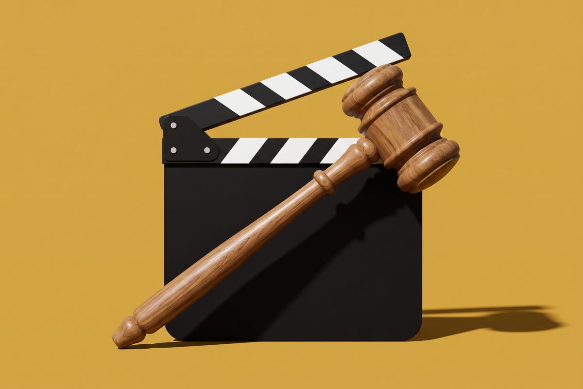 An oversized gavel lying across a blank film clapperboard on a yellow background.