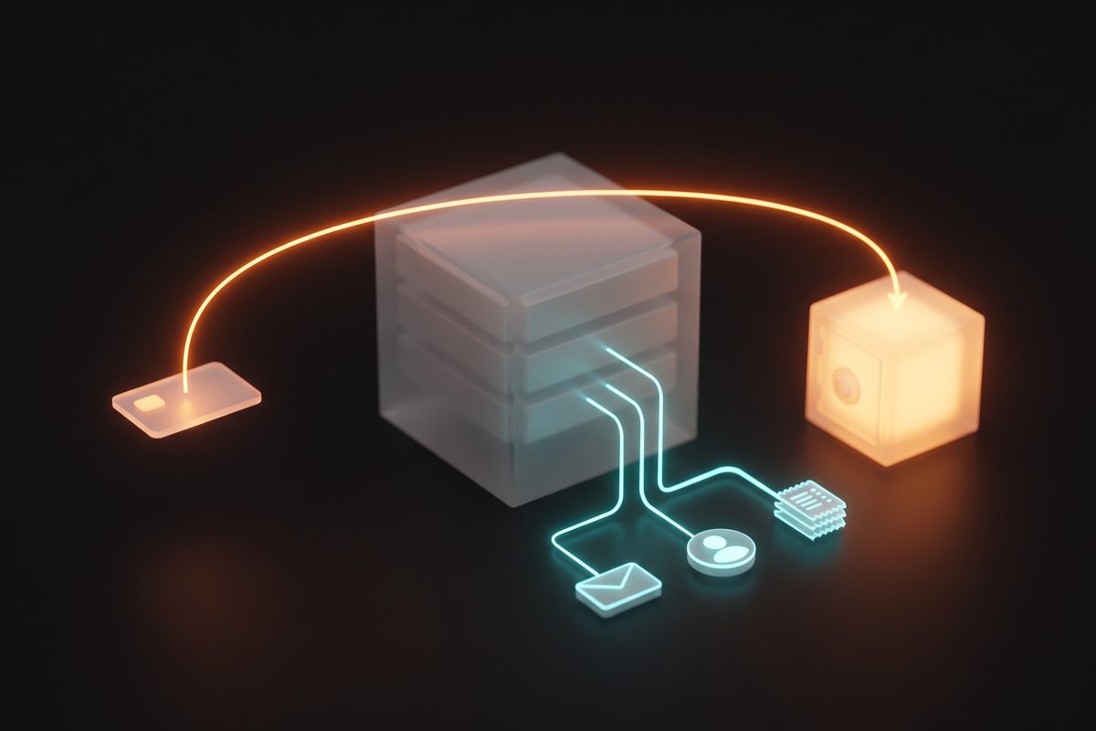 A glowing payment path arcing over a server block into a vault while other data lines stay at the server.