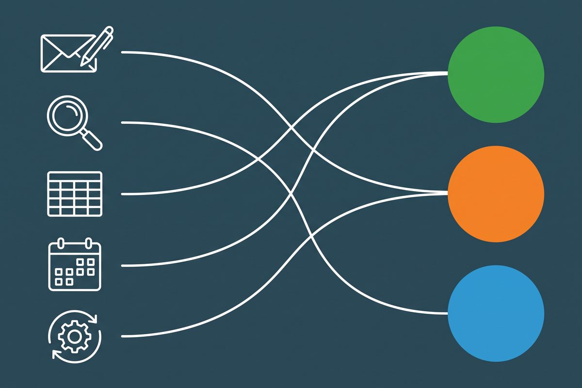 Flat diagram of five task icons routed by lines to three colored circles