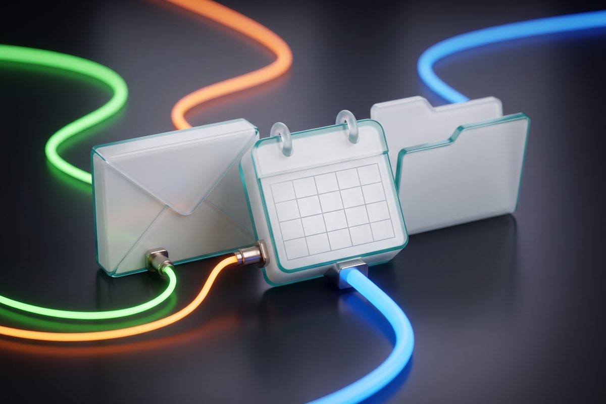 Three frosted glass blocks, an envelope, a calendar and a folder, with green, orange and blue cables plugging into them