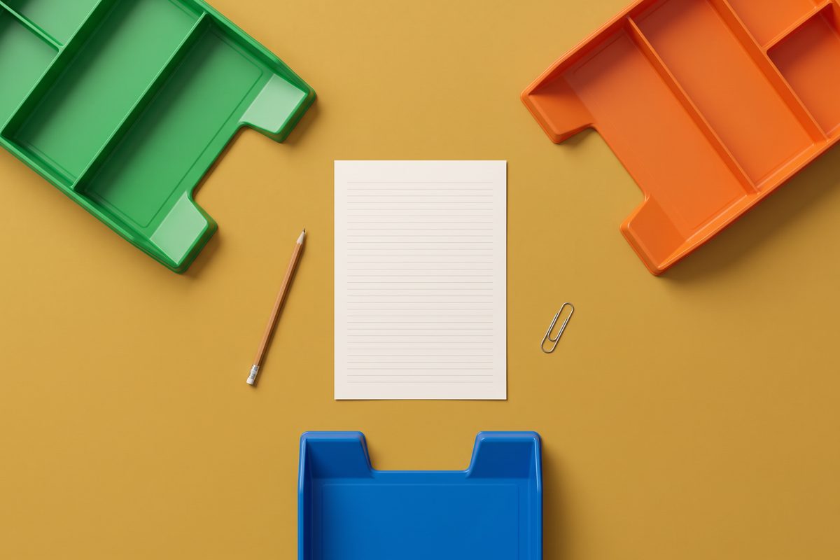 Overhead view of one sheet of paper between three colored document trays on a mustard background