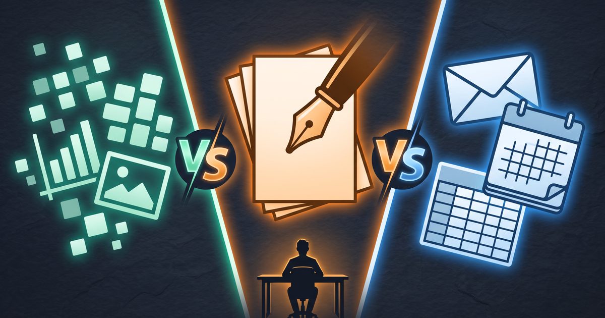 Three glowing panels, green tools, orange pen and paper, blue mail and calendar, with VS emblems and one person facing them