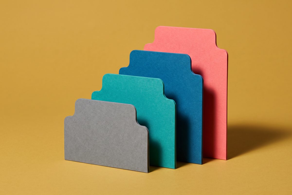 Four blank binder tabs of rising height in grey, teal, blue and coral on a mustard background.