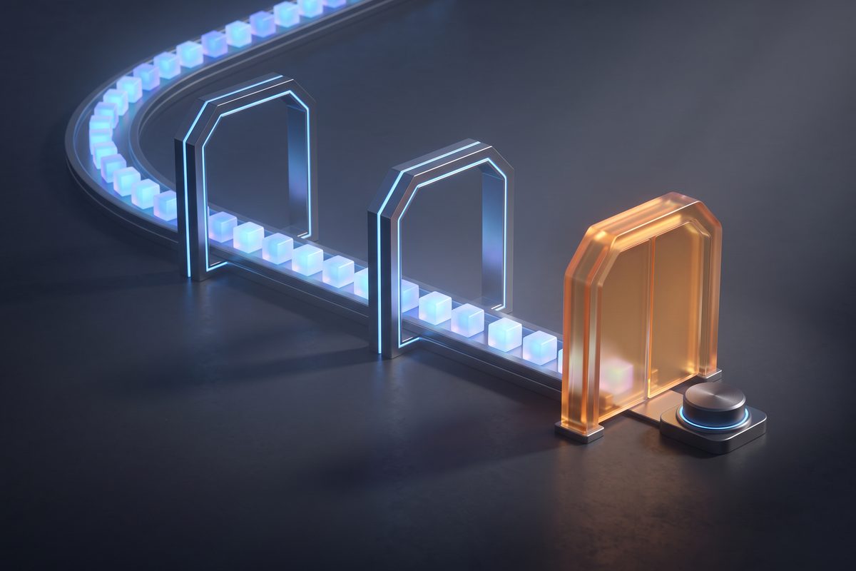 Abstract render of glowing cubes flowing through two open arches and stopping at a closed amber gate with a button.