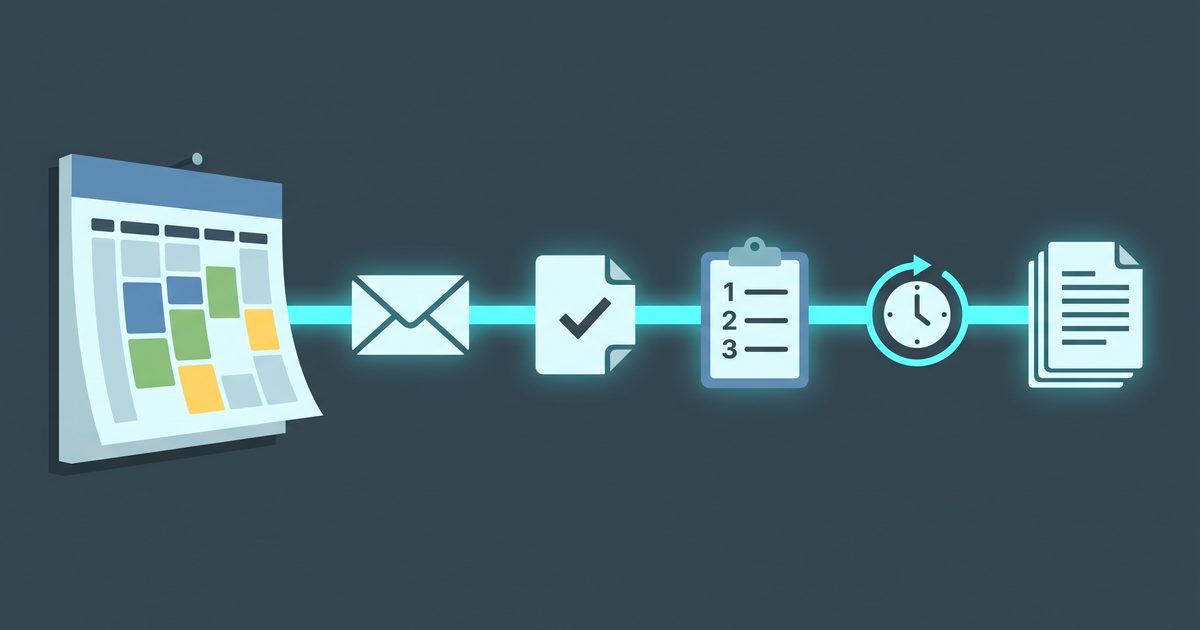 Glowing path from a wall calendar through an envelope, a memo, a checklist and a clock to a stack of finished documents