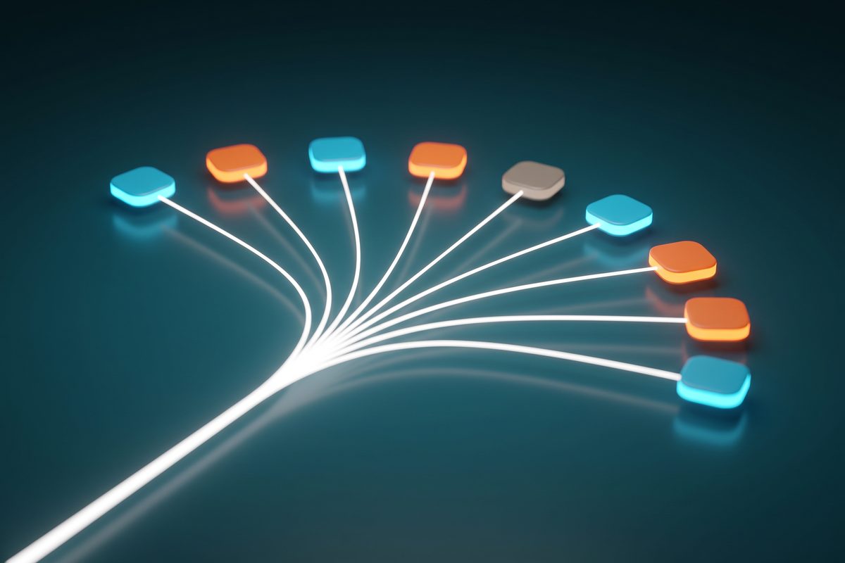 Glowing path splitting into nine branches that end at blue, orange and grey tiles on a deep-teal background