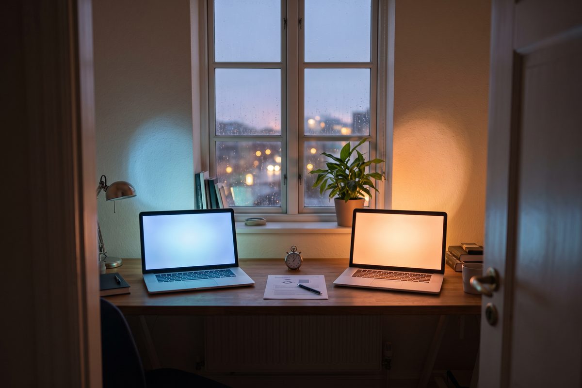 Dusk home office with two laptops side by side glowing blue and orange, a printed page and a stopwatch between them