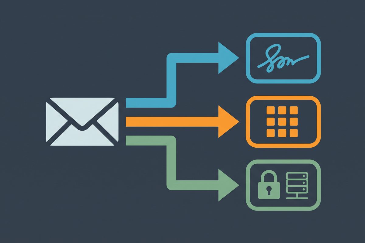 Flat diagram of an envelope icon routed by three arrows to a signature, a grid of squares, and a padlock with a server