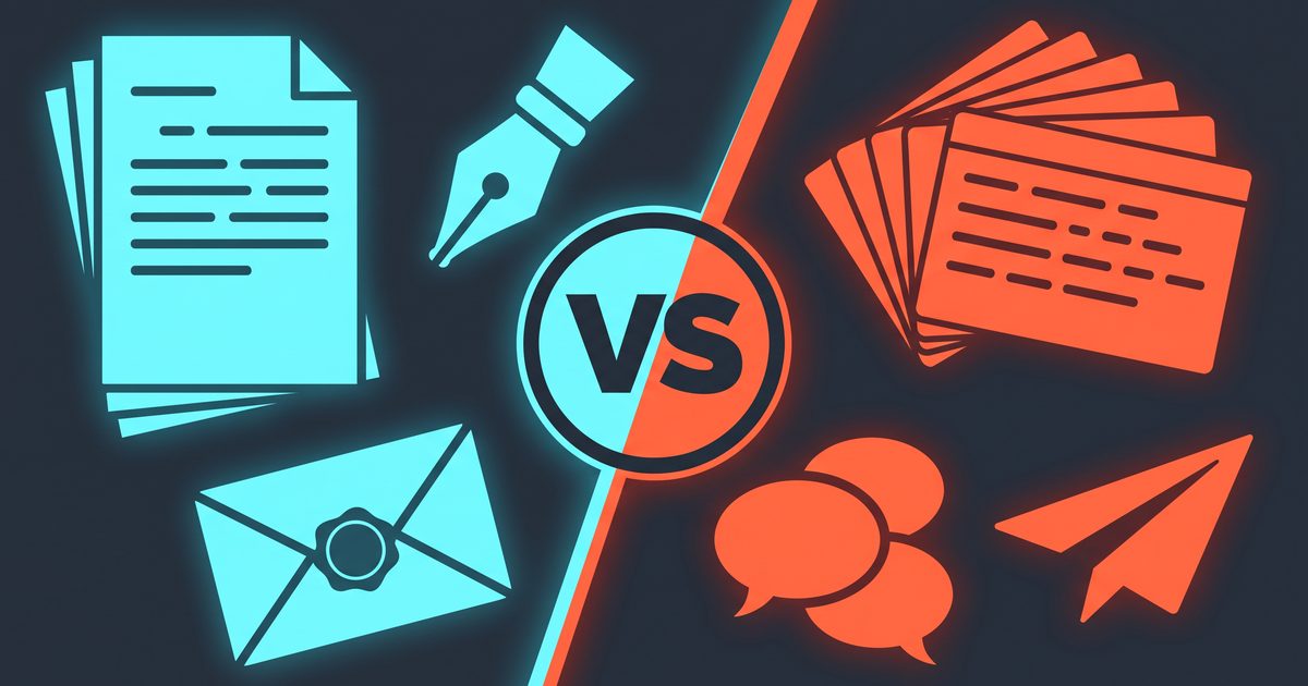 Split-screen versus graphic: blue side with stacked letters and a pen nib, orange side with index cards and a paper airplane, VS emblem in the middle