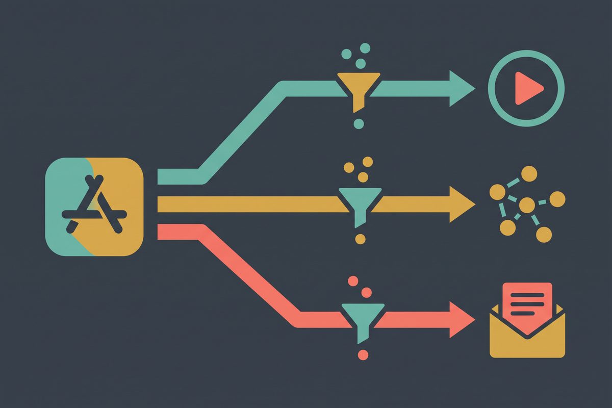 Flat diagram of an app icon fanning into three paths that pass through funnels toward a play button, a dot cluster, and a letter symbol