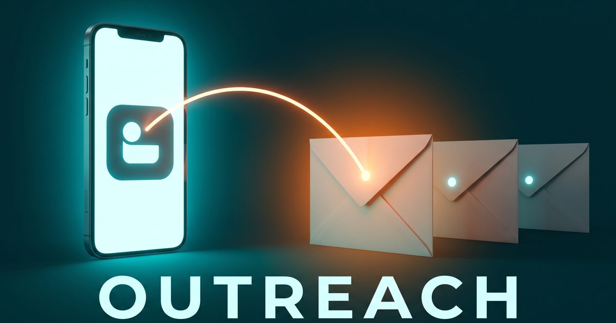 Oversized phone with a single app icon connected by a glowing line to one of three paper envelopes on a deep-teal background