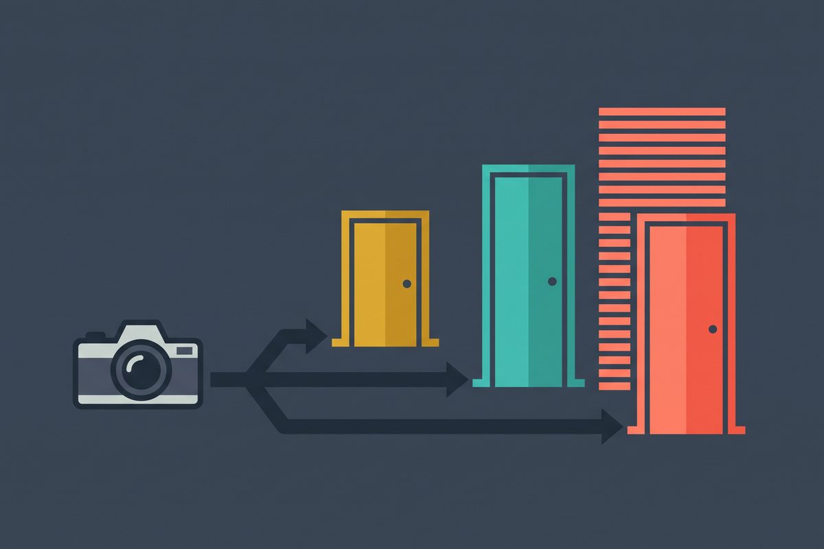 Flat diagram of a camera icon whose path splits toward three doors of increasing size on a dark slate background