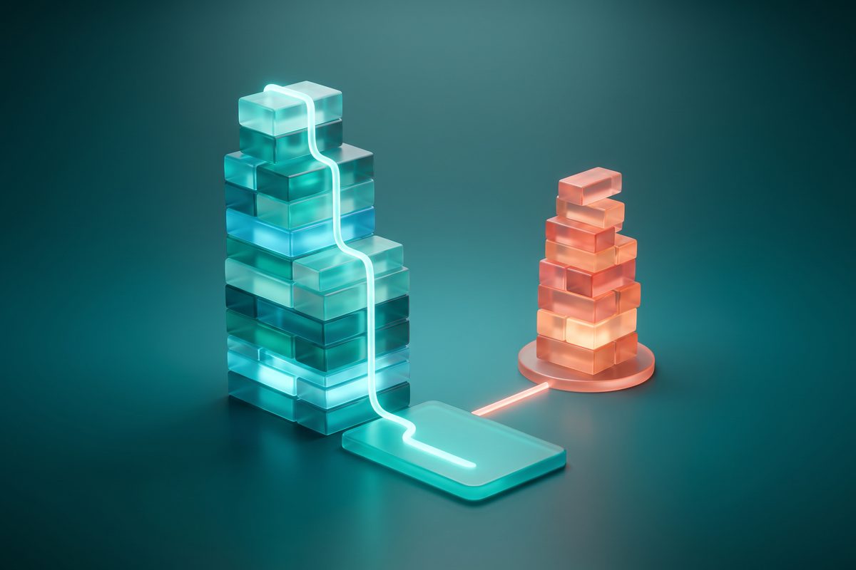 Two glowing block stacks on separate platforms, one connected to a base plate and one stopping short