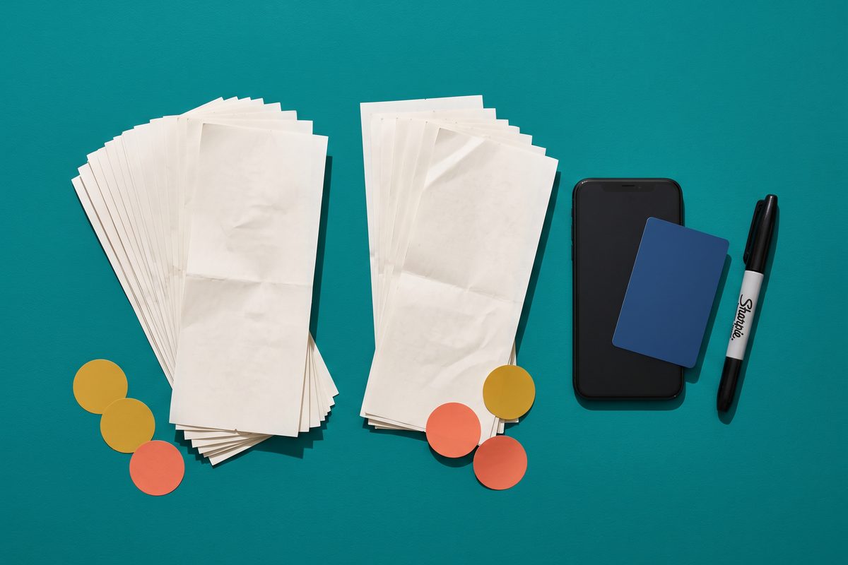 Receipts sorted into two piles beside a phone, a bank card, a marker and colored round stickers on a teal background