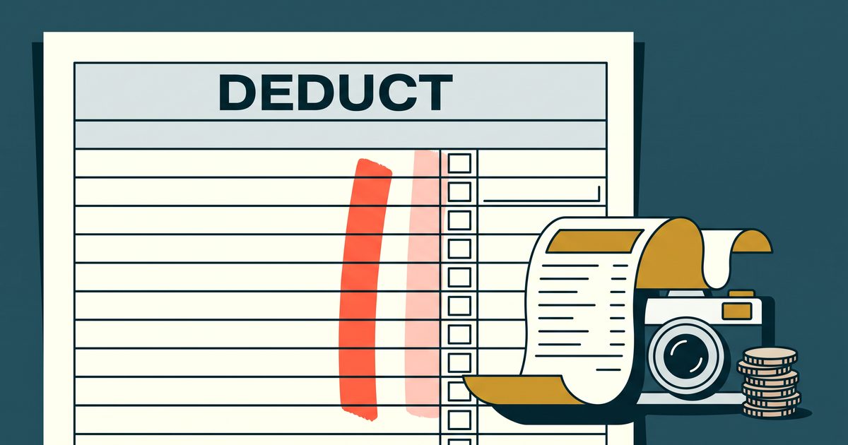 Oversized tax form with a highlighted column, a curling receipt, a camera and a coin stack on a deep-teal background