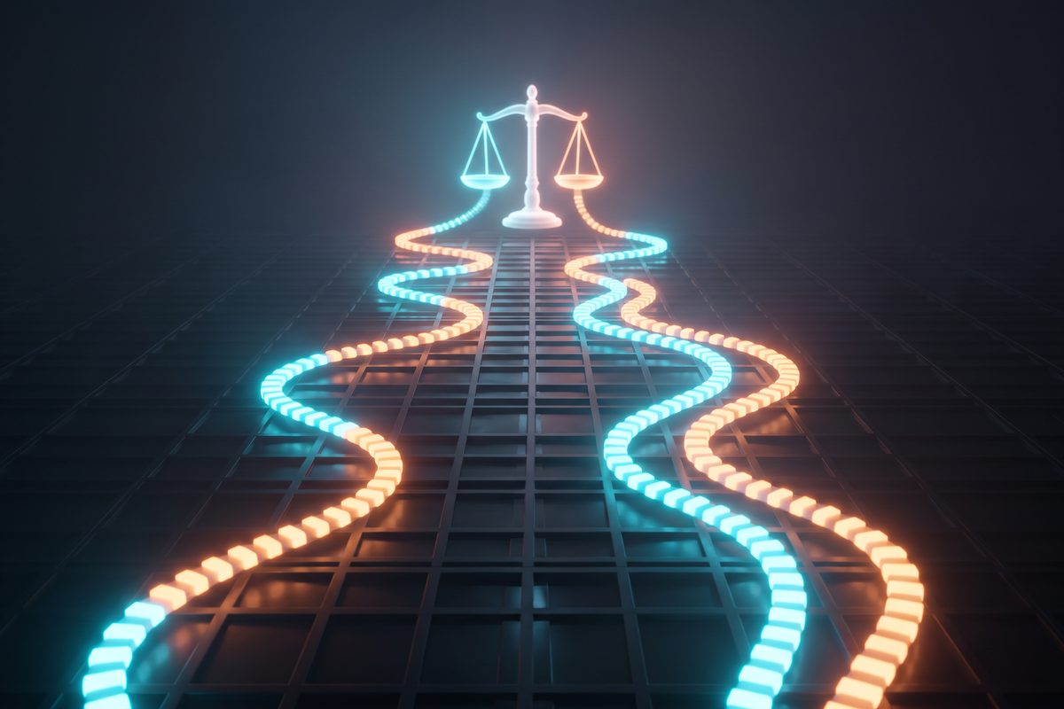 Two alternating glowing paths feeding a balance scale, suggesting an A/B price test by week.