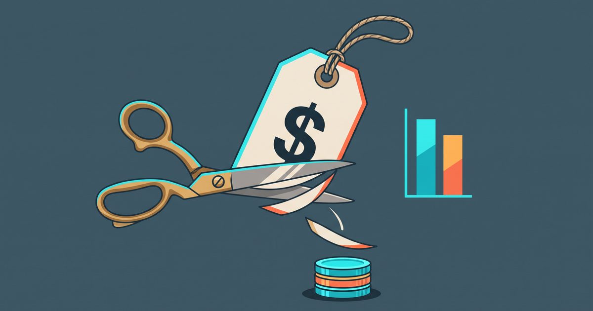 Large price tag with a slice cut off by scissors, showing fees taken from a digital product price