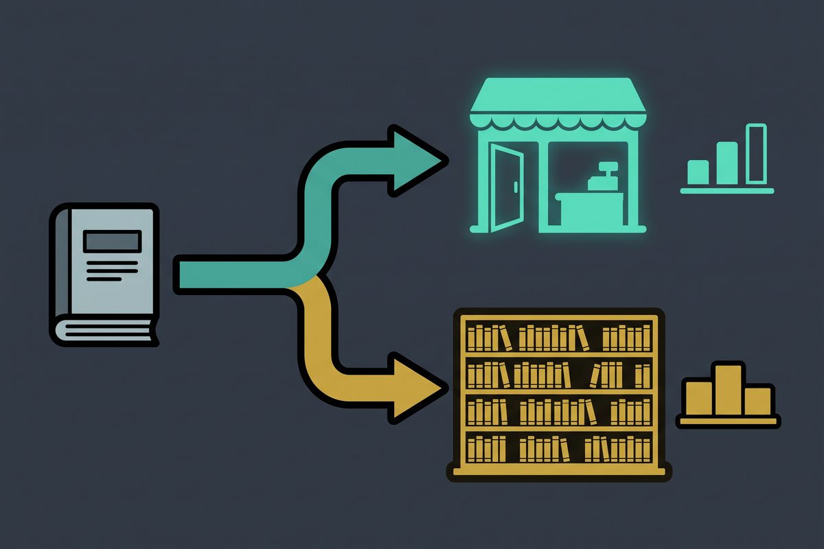 Flat diagram of an ebook icon whose path forks toward a small storefront and a crowded marketplace shelf, each with its own gauge