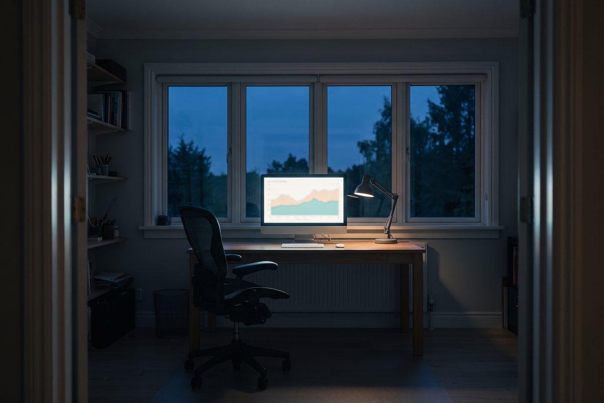 Dusk view of an empty home office from the doorway, a monitor glowing with an out-of-focus flat chart