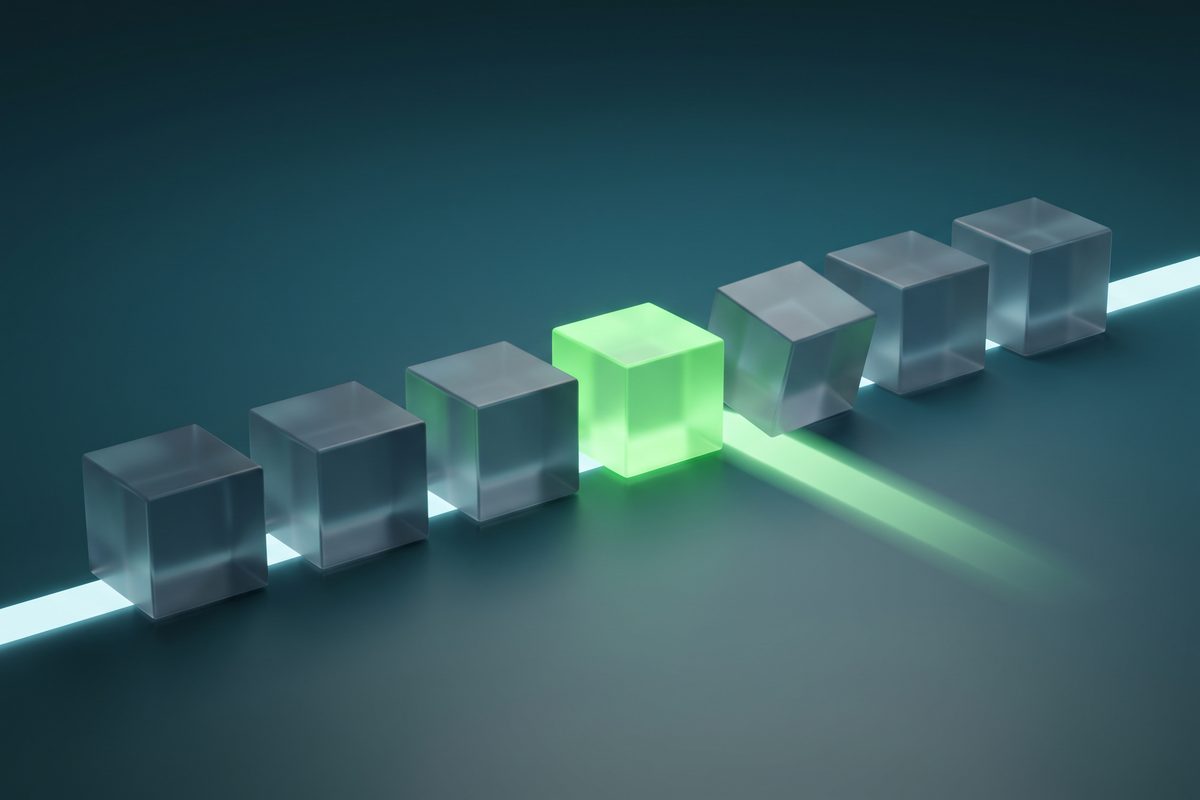 Row of translucent blocks along a glowing path where one green block lets the path through and a turned grey block cuts it off
